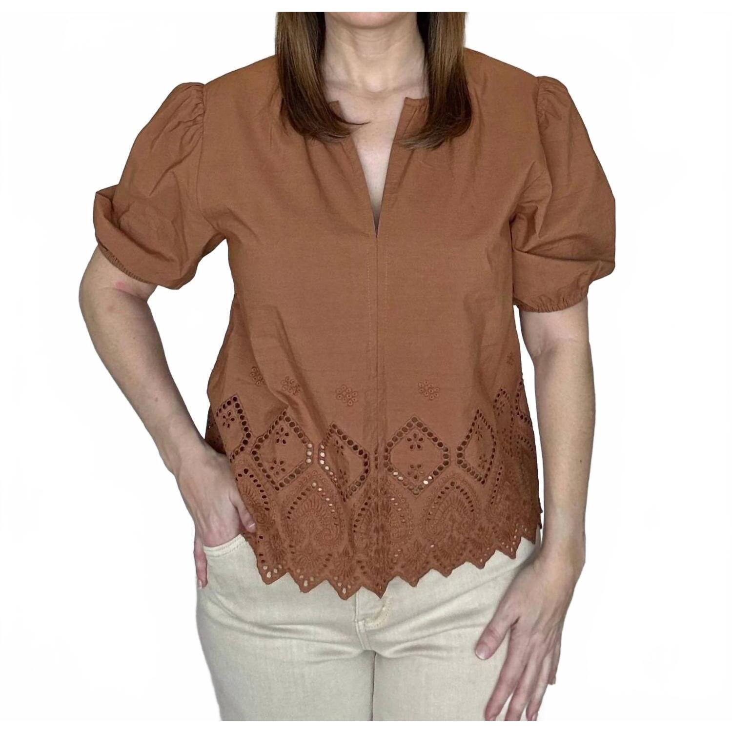 New Mahila Angie Eyelet Border Hem Blouse In Brown